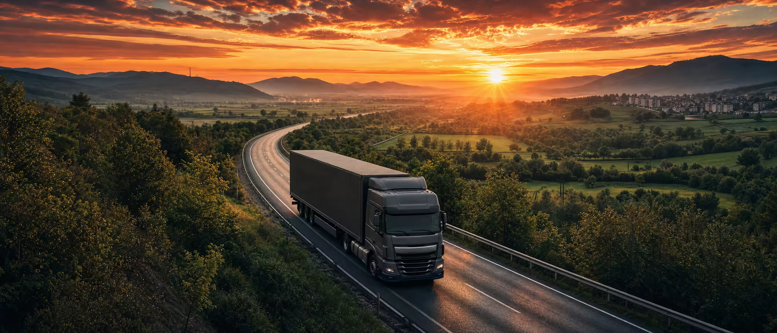 A tractor unit and curtainsider seen from above, running a curve of empty highway through a green valley as the sun sets between the hills ahead.